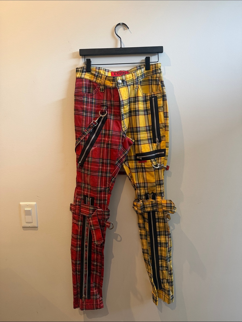 Plaid Dual-Color Kids Pants with Zipper Details - Red & Yellow